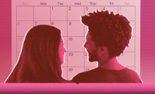 Couple looking at each other with calendar in the background