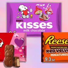 from left to right: kit kat chocolate bears, hershey kisses, and reese's red velvet peanut butter cups against a pink and purple background