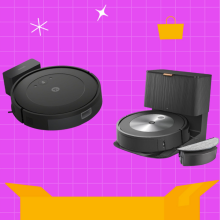 Various Roomba robot vacuums in front of a purple background