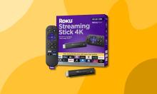 A Roku Streaming Stick 4K and remote on a yellow background.