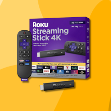 A Roku Streaming Stick 4K and remote on a yellow background.