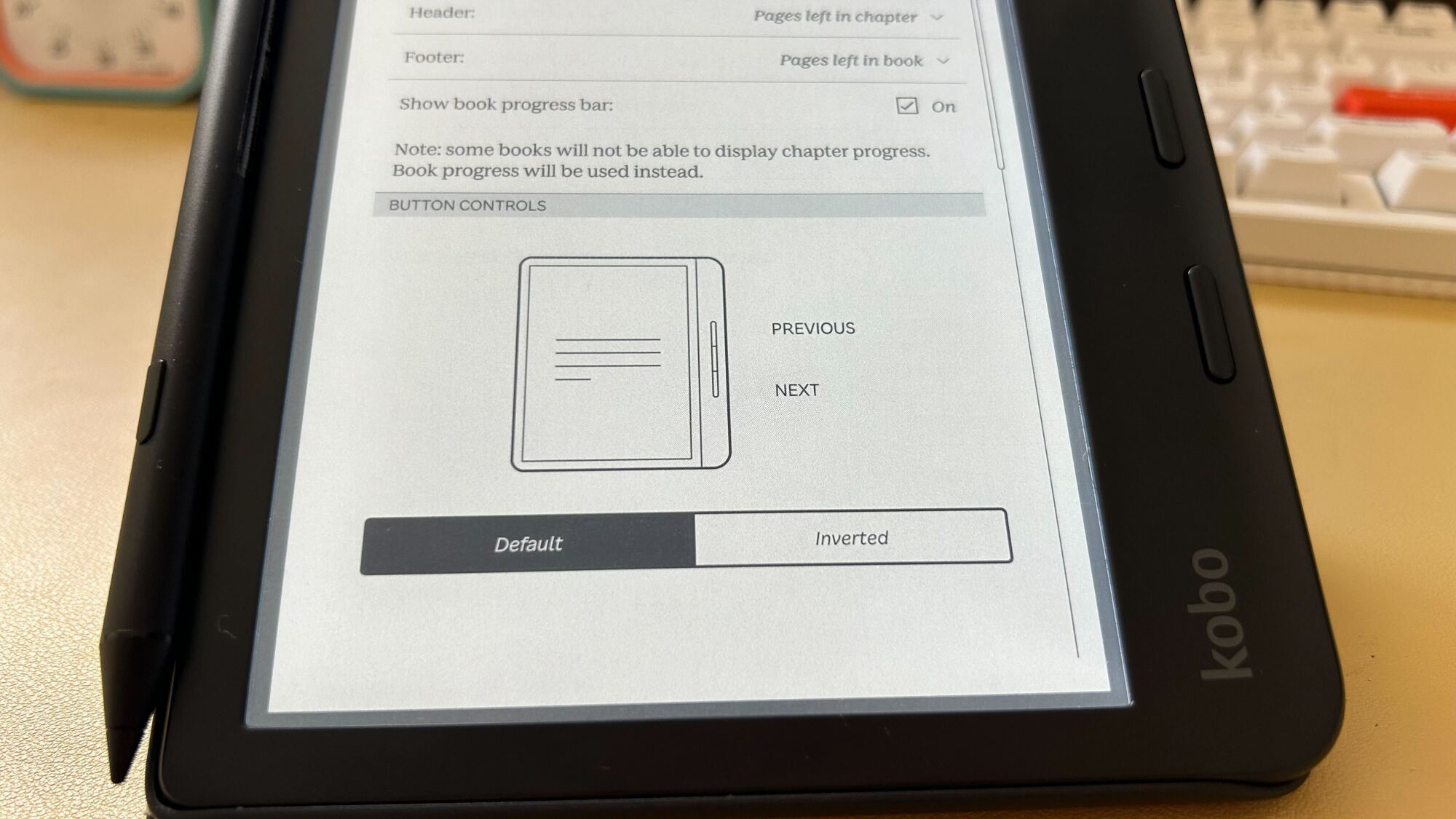 kobo button controls setting screen on device