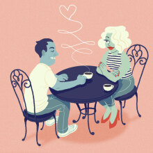 illustrated man and woman sitting at a table drinking coffee