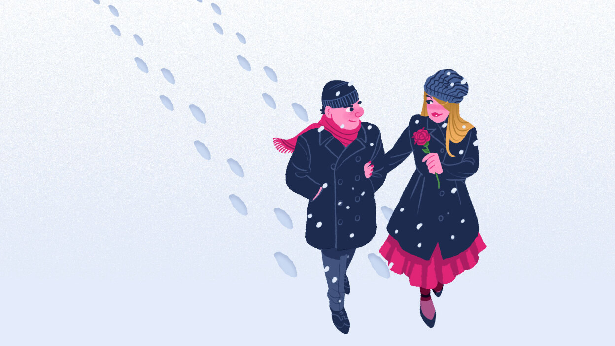 illustration of man and woman walking through snow holding hands