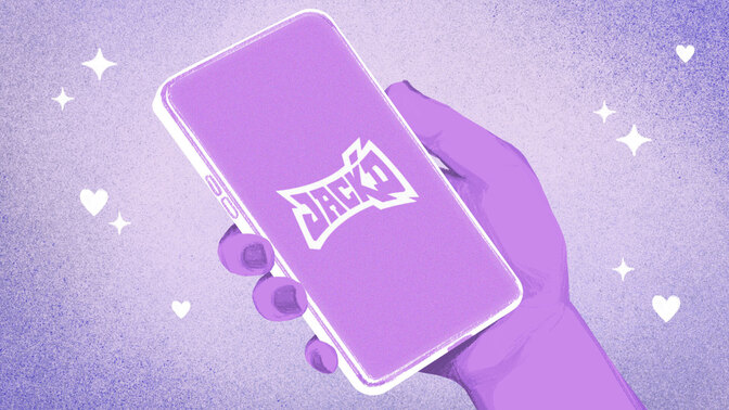 drawing of a hand holding a phone with jack'd logo