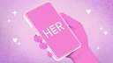 A drawn hand holding a phone with the HER logo