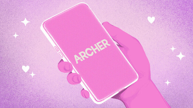 A drawn hand holding a phone with the archer logo