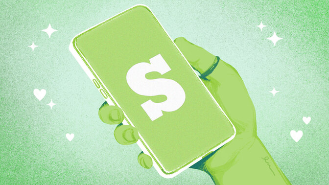 A drawn hand holding a phone with the scruff logo