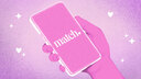 A drawn hand holding a phone with the match logo