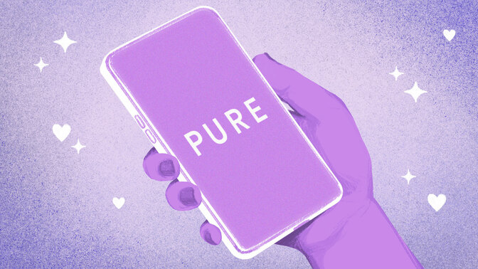 A drawn hand holding a phone with the Pure logo