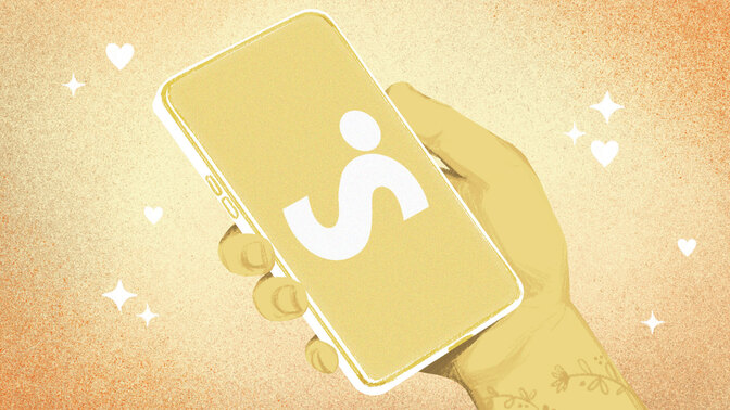 A drawn hand holding a phone with the sniffies logo