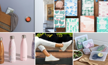 photo collage of five showing food, sneakers, water bottle, wall, and notebooks