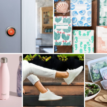 photo collage of five showing food, sneakers, water bottle, wall, and notebooks