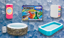 roundup of summer party products - inflatable pools, beverage holder, giant Sorry board game and colorful speaker