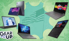 Collage of Lenovo products with an American flag in the background