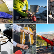 Collage with different camping gear