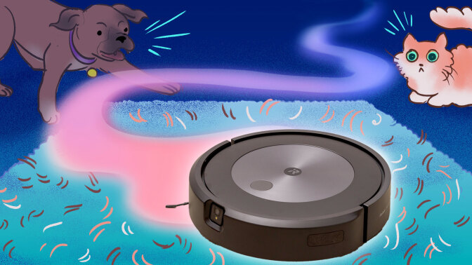 illustration of Roomba cleaning up pet hair in a living room