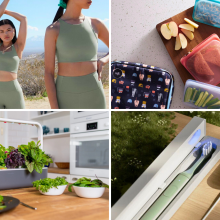 Collage featuring three people wearing green workout sets, silicone snack backs and lunch products on a countertop, an indoor LED plant system on tabletop, and close up of electric toothbrush and carrying case