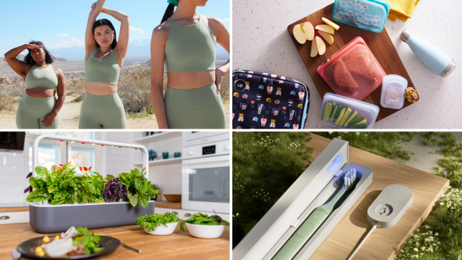 Collage featuring three people wearing green workout sets, silicone snack backs and lunch products on a countertop, an indoor LED plant system on tabletop, and close up of electric toothbrush and carrying case