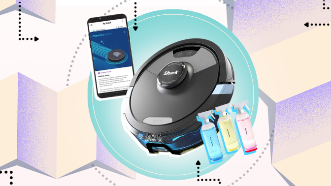 Shark robot vacuum and Blueland cleaning sprays on geometric background