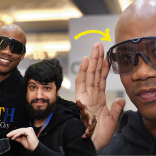 Left: Stephon Marbury pose for a picture with the Chamelo glasses at CES. Right: close up of Marbury wearing a set of the glasses.