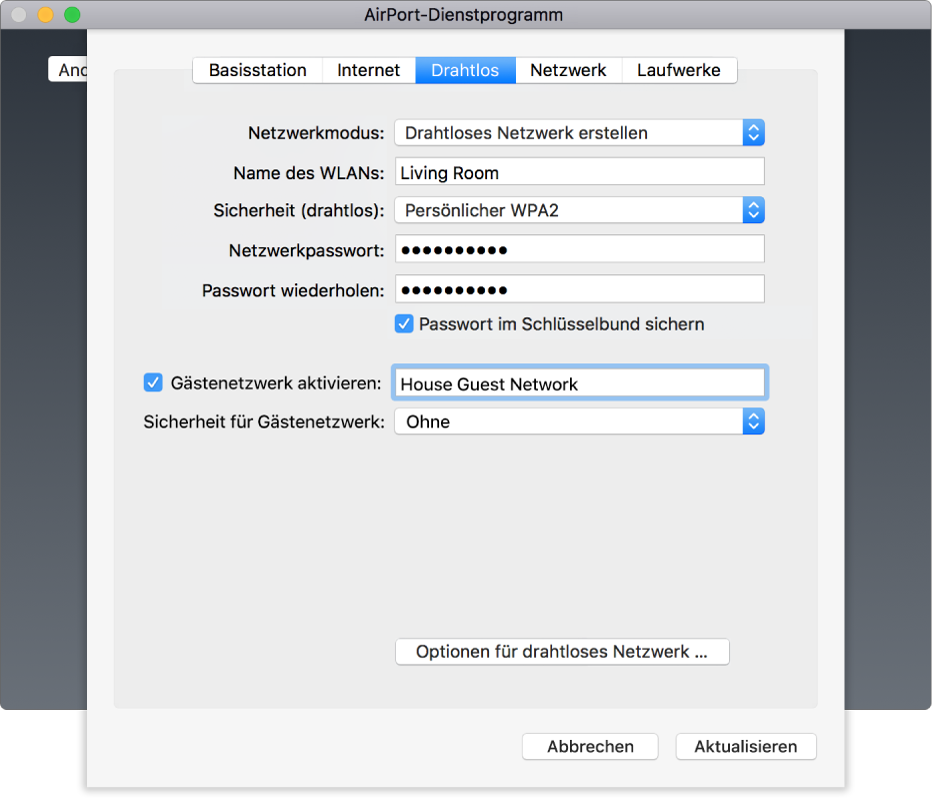 Der Bereich „Drahtlos“ mit dem Markierungsfeld „Gästenetzwerk aktivieren“