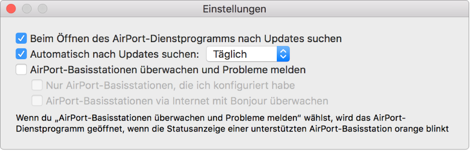 Der Bereich „Einstellungen“ des AirPort-Dienstprogramms mit den Markierungsfeldern „Beim Öffnen des AirPort-Dienstprogramms nach Updates suchen“ und „Automatisch nach Updates suchen“