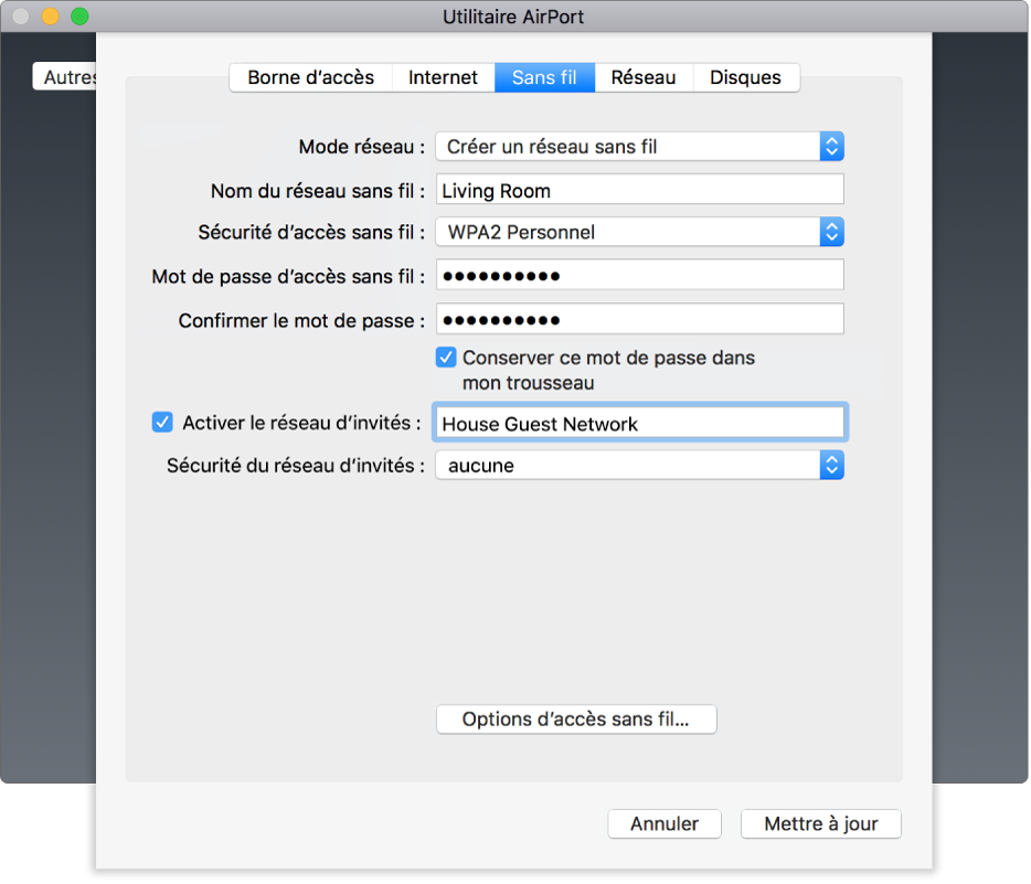 La sous-fenêtre Sans fil, affichant la case Activer le réseau d’invités.