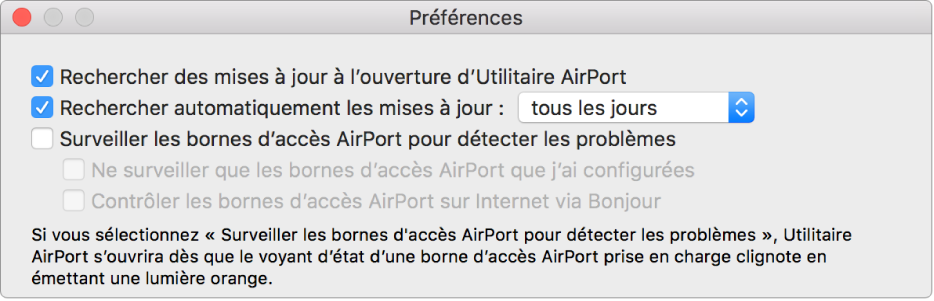 Préférences d’Utilitaire AirPort, affichant les cases Rechercher des mises à jour à l’ouverture d’Utilitaire AirPort et Rechercher automatiquement les mises à jour.