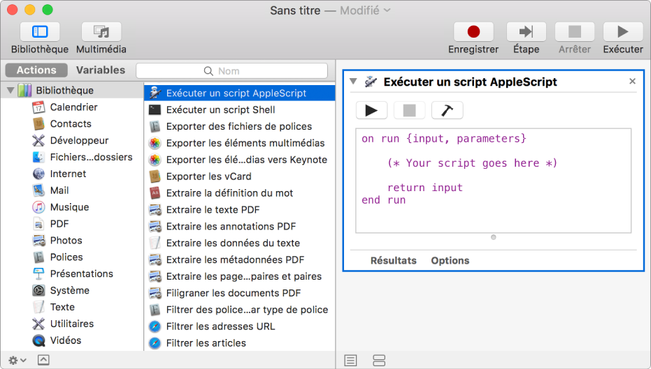 La fenêtre Automator avec une action Exécuter AppleScript.