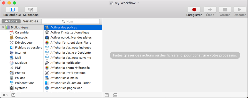 Fenêtre Automator affichant l’action Activer des polices sélectionnée et un processus vide.