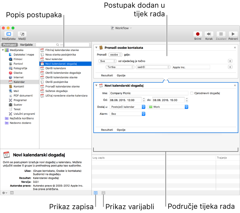 Prozor aplikacije Automator. Medijateka se prikazuje krajnje lijevo, i sadrži popis aplikacija za koje Automator pruža postupke. Aplikacija Kalendar odabrana je u popisu, a postupci dostupni u Kalendaru nalaze se u stupcu s desne strane. S desne strane prozora nalazi se tijek rada kojemu je dodan postupak iz Kalendara.