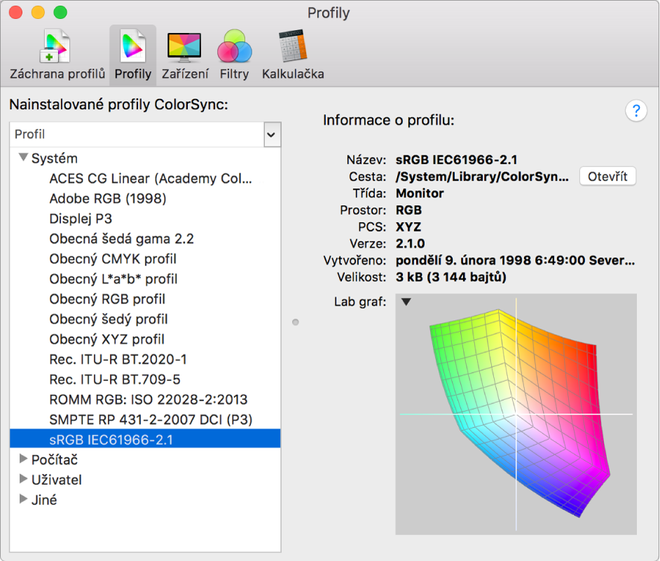 Panel Profily v Utilitě ColorSync