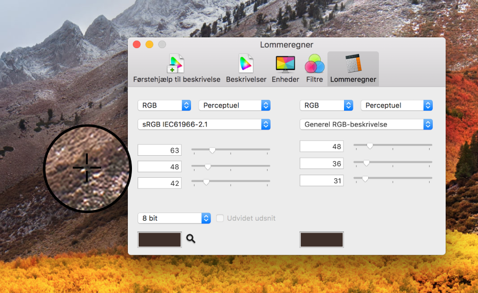 Vinduet Lommeregner viser farveværdierne for en pixel i to forskellige farvebeskrivelser.
