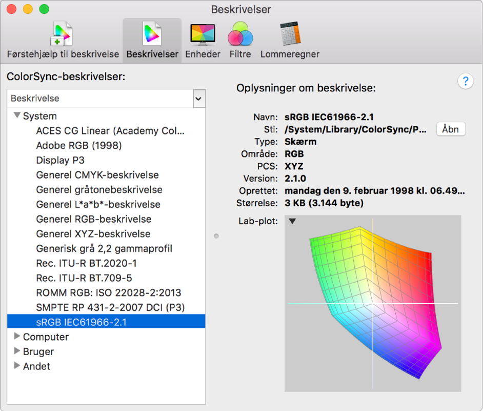 Vinduet Beskrivelser i ColorSync-hjælpefunktion.