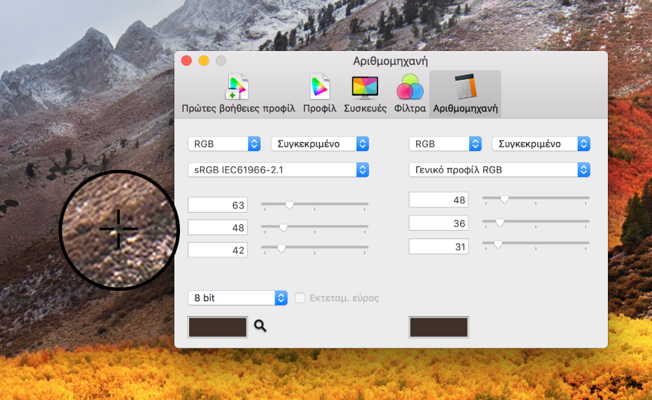 Το τμήμα «Αριθμομηχανή» εμφανίζει τις χρωματικές τιμές για ένα pixel σε δύο διαφορετικά χρωματικά προφίλ.