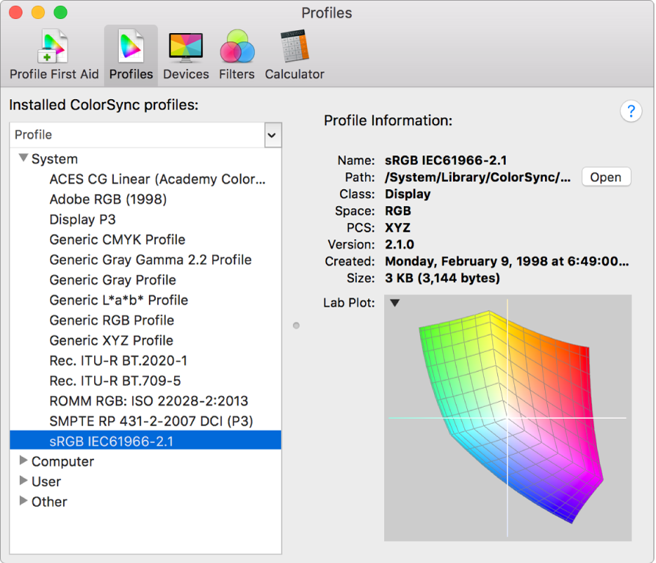 The ColorSync Utility Profiles pane.