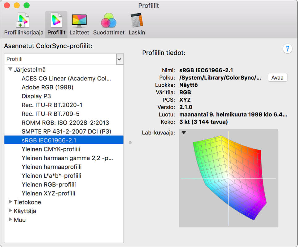 ColorSync-työkalun Profiilit-osio.