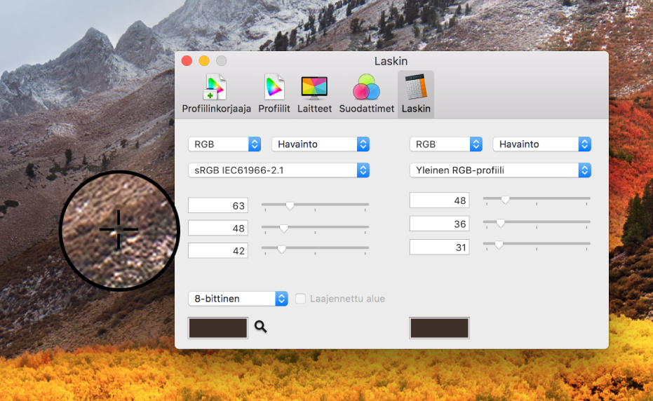 Laskin-osio, jossa näkyy pikselin väriarvot kahdessa eri väriprofiilissa.