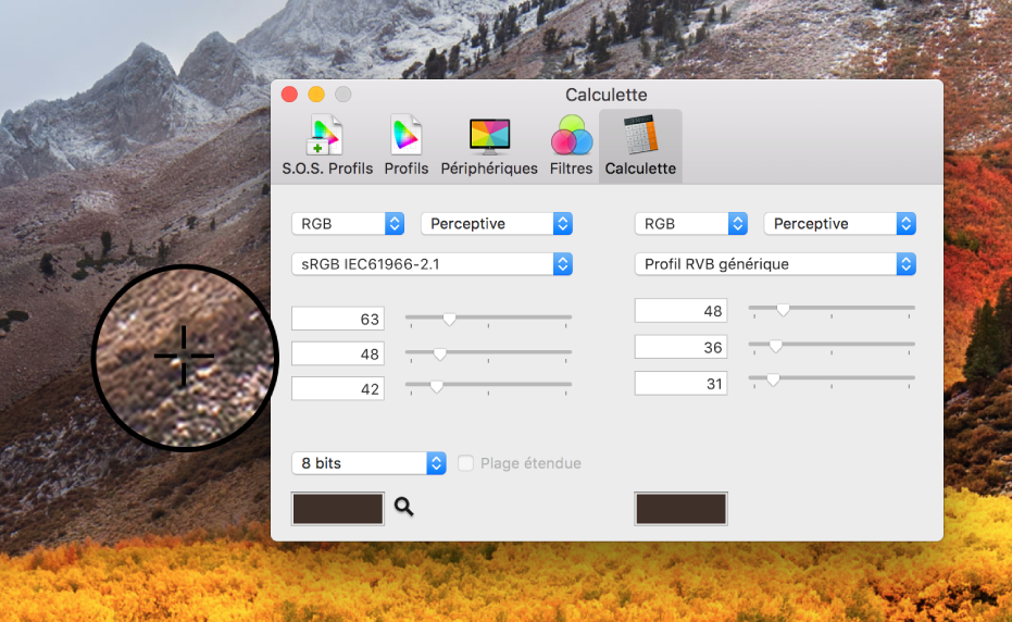 La sous-fenêtre Calculette, affichant les valeurs des couleurs d’un pixel dans deux profils de couleurs différents.