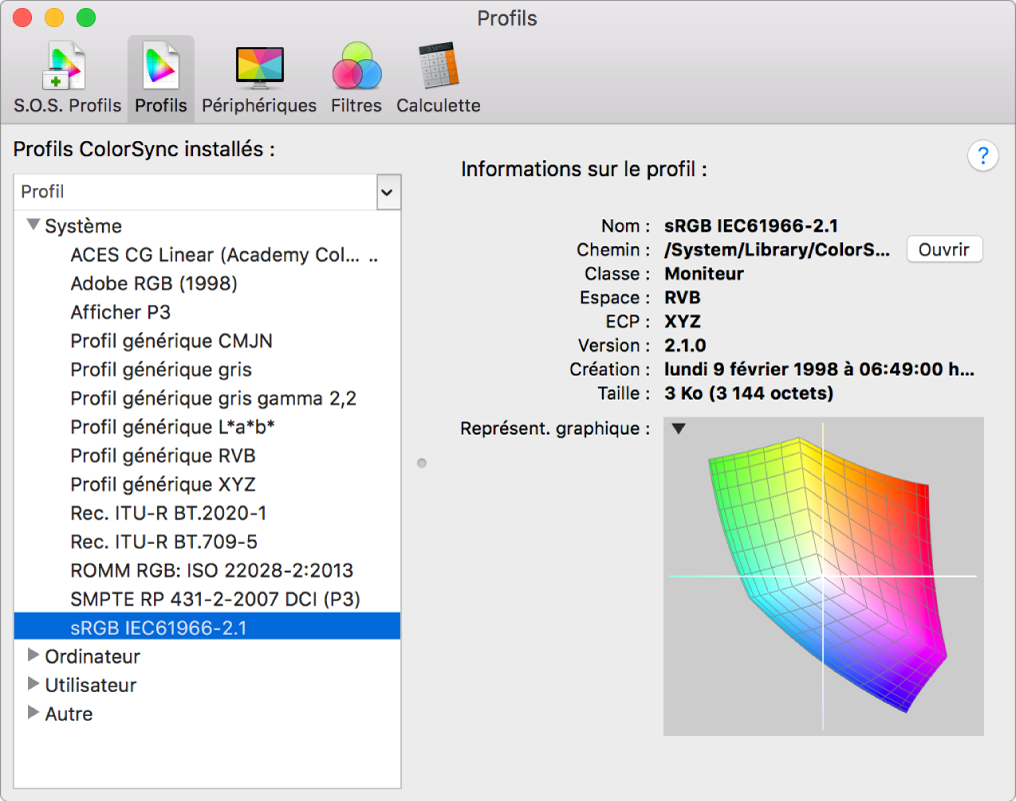 La sous-fenêtre Profils d’Utilitaire ColorSync.