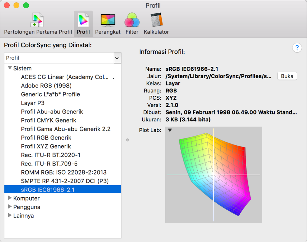 Panel Profil Utilitas ColorSync.