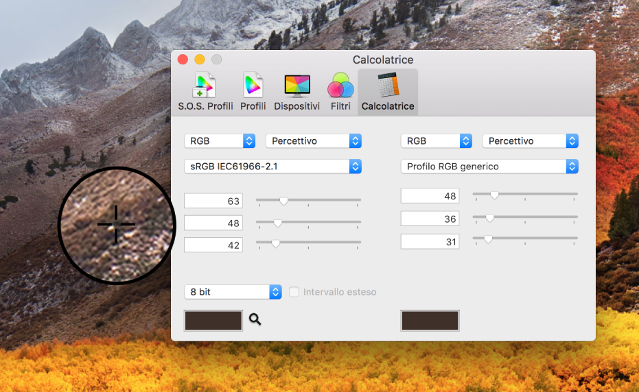 Il pannello Calcolatrice che mostra i valori colore di un pixel in due profili colore diversi.