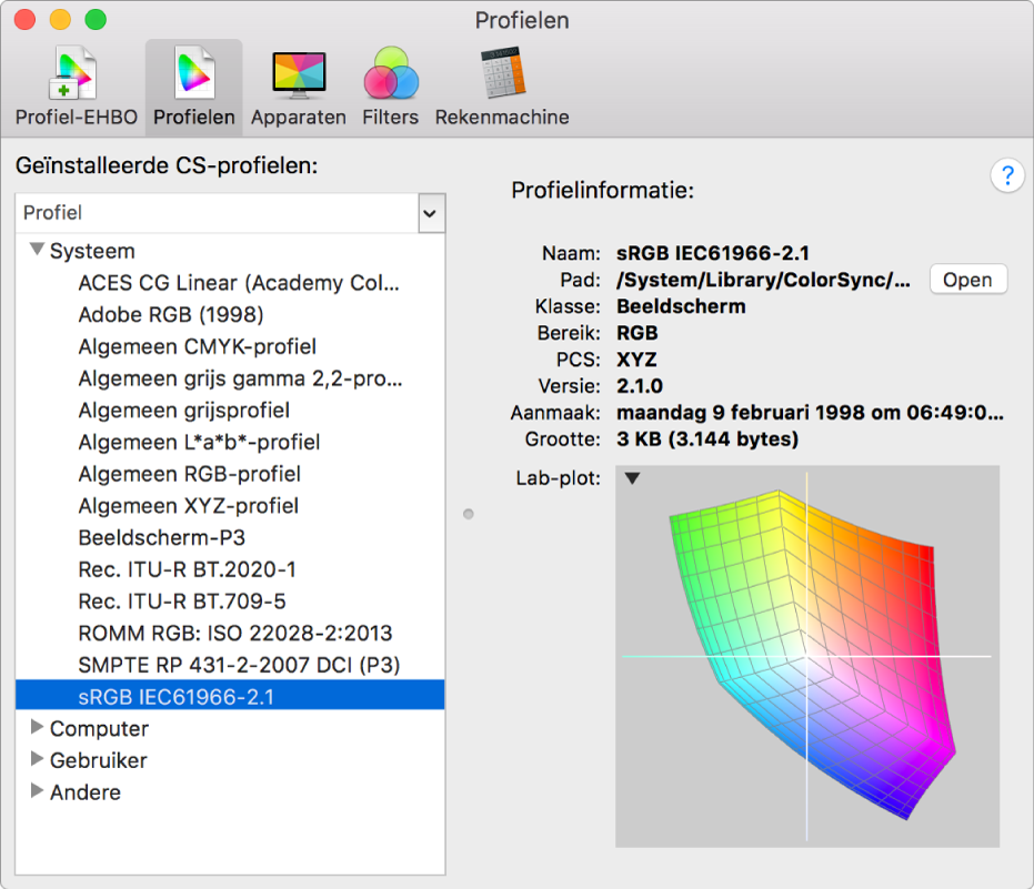 Het paneel 'Profielen' in ColorSync-hulpprogramma.