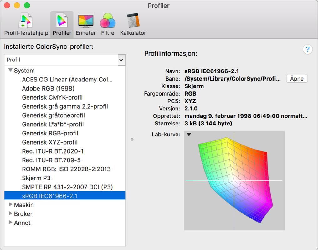 Profiler-fanen i ColorSync-verktøy.