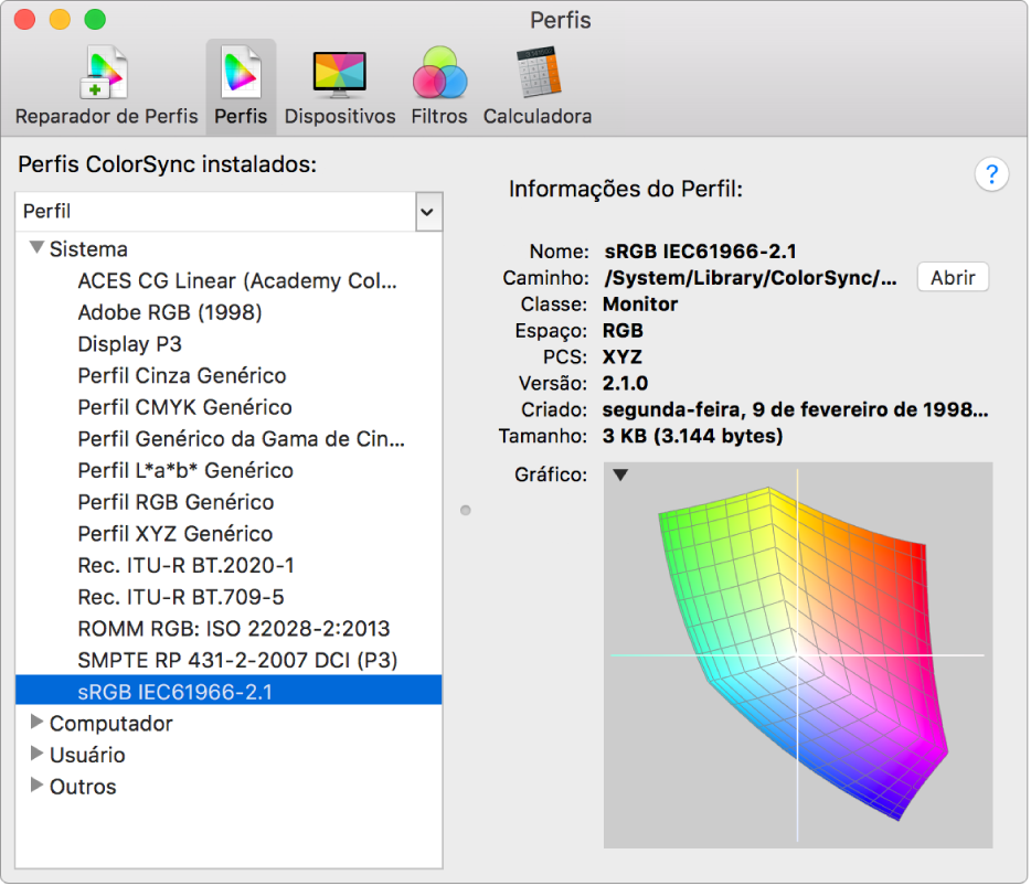 O painel Perfis do Utilitário ColorSync.