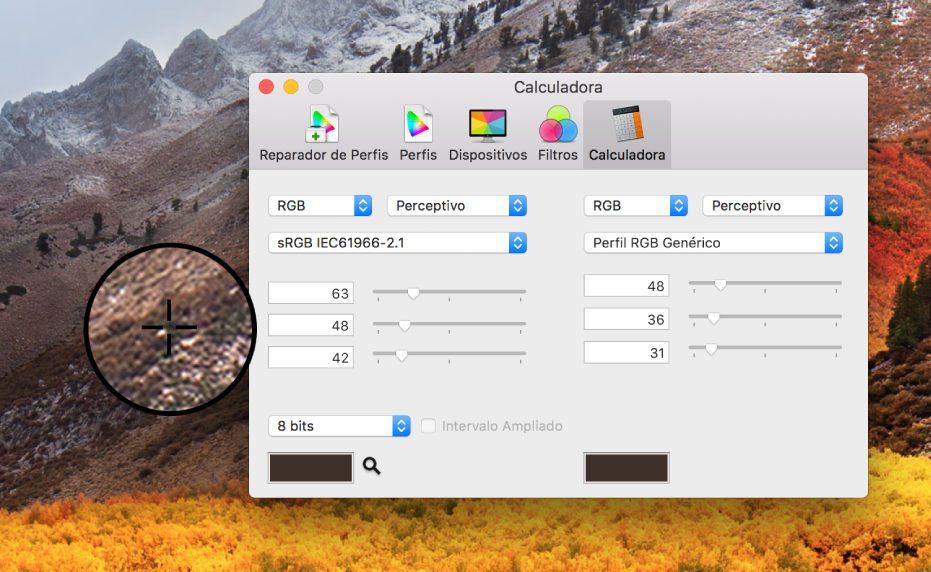 O painel Calculadora mostra os valores de cor para um pixel em dois perfis de cores diferentes.