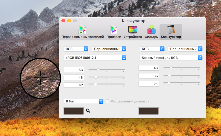 Панель Калькулятора с значениями цвета пикселей в двух разных цветовых профилях.
