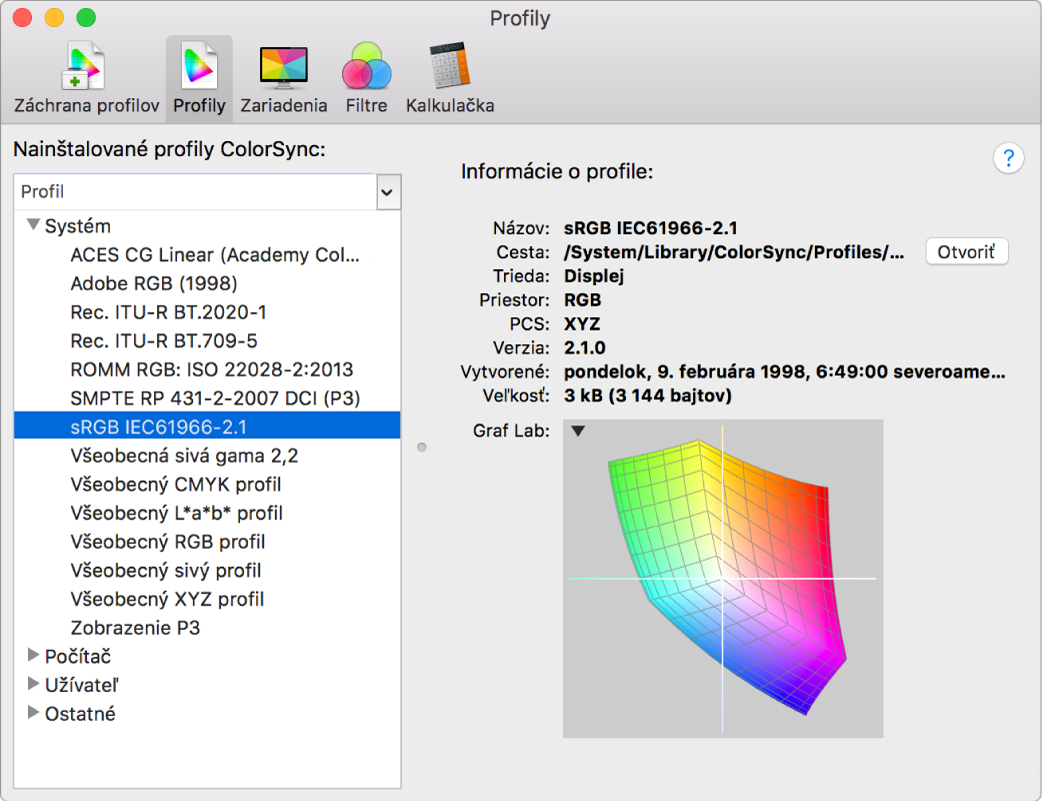 Panel Profily v ColorSync utilite.