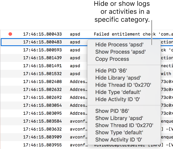 A partial Console window with the shortcut menu displayed so you can hide or show logs or activities meeting the specific criteria.